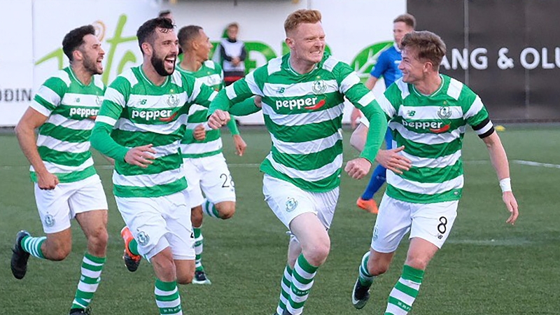 Shamrock Rovers players celebrate the goal that secured an away win in Iceland