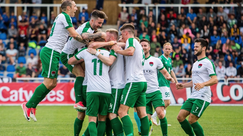 Cork's Garry Buckley celebrates scoring with his team-mates