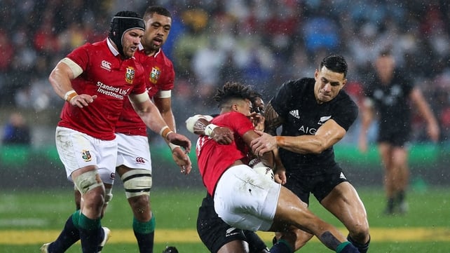 Anthony Watson of the Lions collides with Sonny Bill Williams of New Zealan