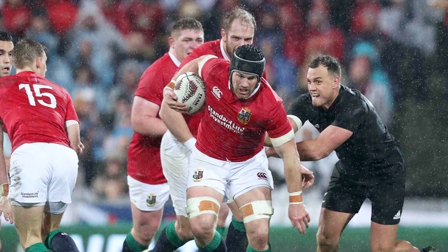 Lions' Sean O'Brien with Israel Dagg of the All Blacks
