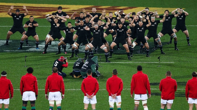 Kieran Read of New Zealand leads the haka