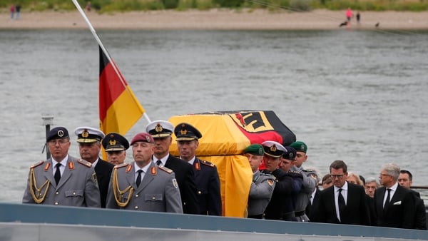 Soldiers carry the coffin of late former chancellor Helmut Kohl off the MS Mainz to the Cathedral in Speyer, Germany