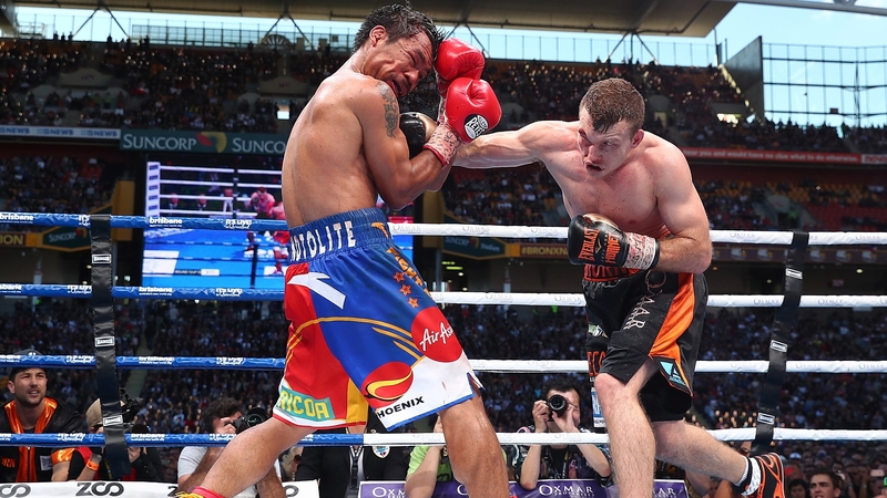 Jeff Horn connects with a powerful straight right in his win over Manny Pacquiao