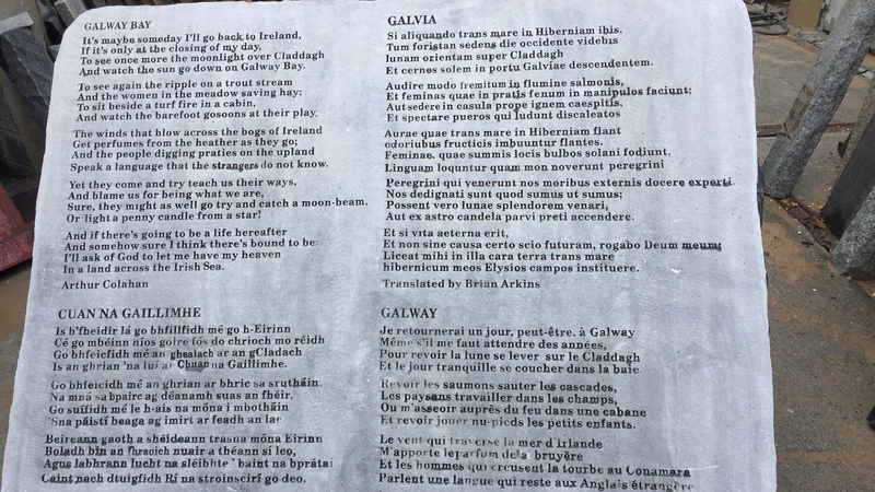 The plaque shows the lyrics of Galway Bay and three translations