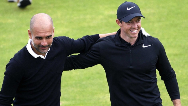 Rory McIlroy arm in arm with Pep Guardiola at the Irish Open Pro-Am in Portstewart.