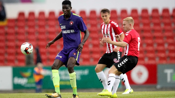 The towering Paul Onuachu scored three of Midtjylland's four goals at the Showgrounds