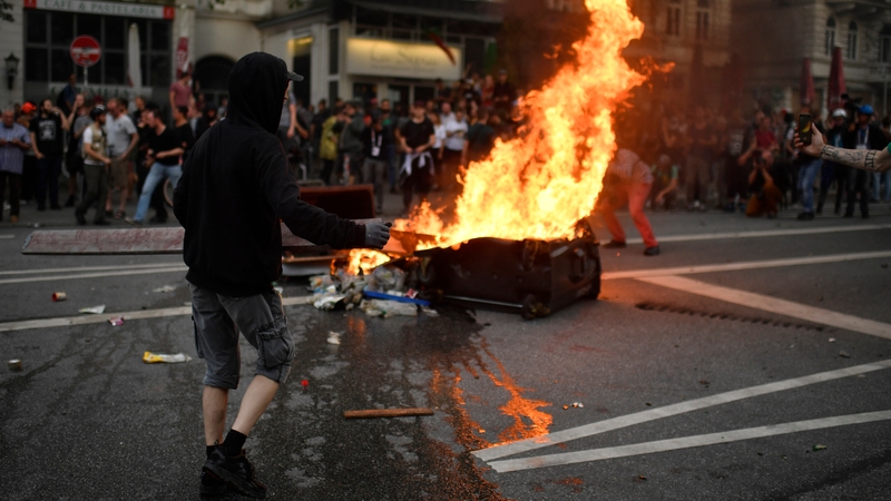 Protesters burn barricades in the Schanze district in Hamburg