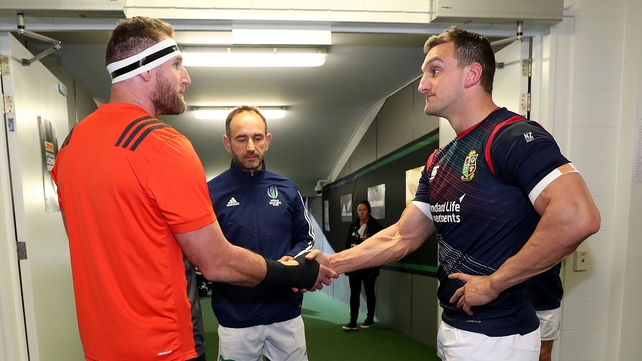 Kieran Read and Sam Warburton with Roman Poite at the coin toss