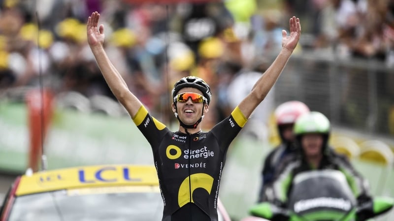 Lilian Calmejane celebrates his daring victory at Station de Rousses.