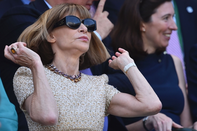 Vogue editor Anna Wintour wore a dazzling ring and her usual statement sunglasses.
