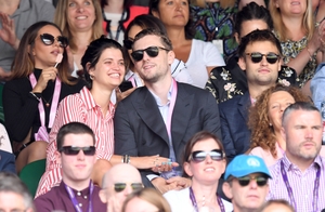 Pixie Geldof, husband George Barnett and Douglas Booth are all smiles at Wimbledon. Pixie's simple shirt dress is from Zara.