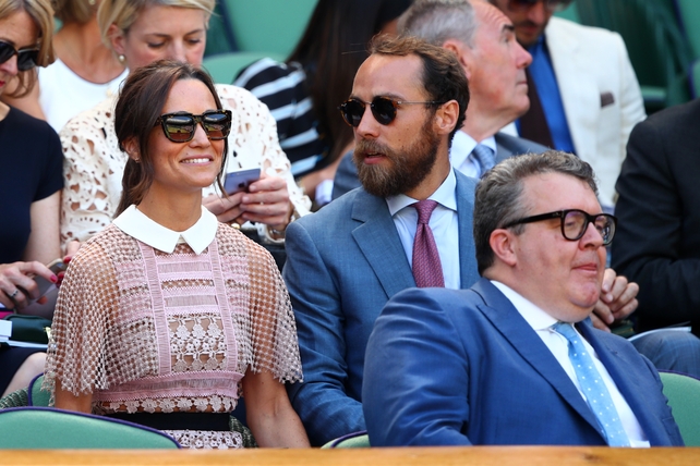 Pippa Middleton chose a pink lace panel dress from Self-Portrait while her brother James chose a dapper blue suit.