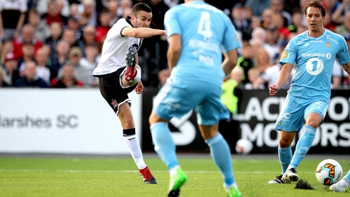 Michael Duffy aims a shot at the Rosenborg goal