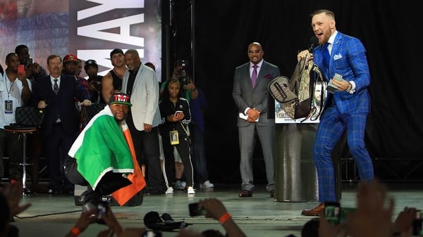 Floyd Mayweather and Conor McGregor at their publicity event in Toronto