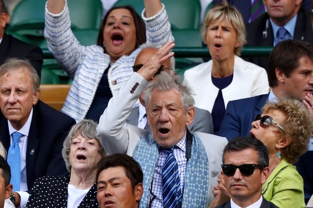 Dame Maggie Smith and Sir Ian McKellen sat in the royal box to watch Andy Murray take on Sam Querrey. Ian looked very dapper with a blue printed scarf over a checked shirt and striped tie.