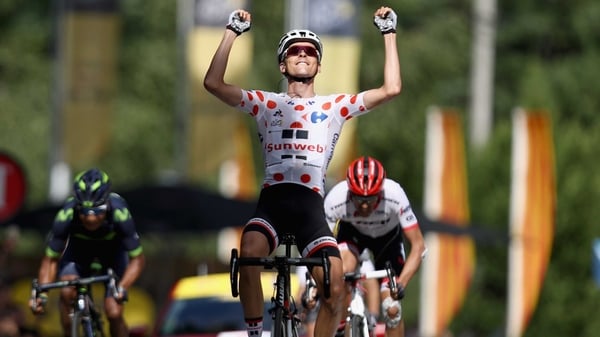 Warren Barguil (Team Sunweb) celebrates crossing the line