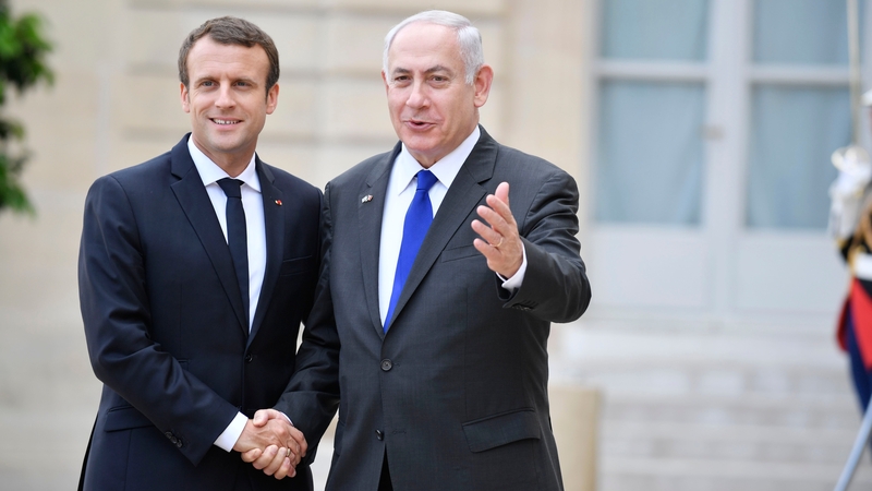 French President Emmanuel Macron and Israeli Prime Minister Benjamin Netanyahu at the Elysee Palace in Paris today