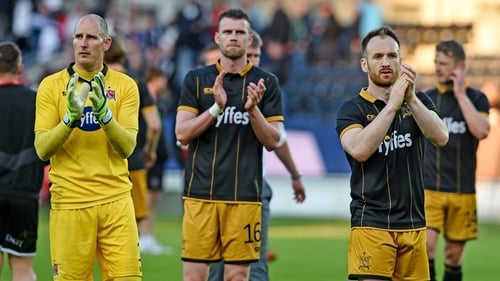 Gary Rogers, Ciaran Kilduff and Stephen O'Donnell show their appreciation to Dundalk fans who made the trip to Norway