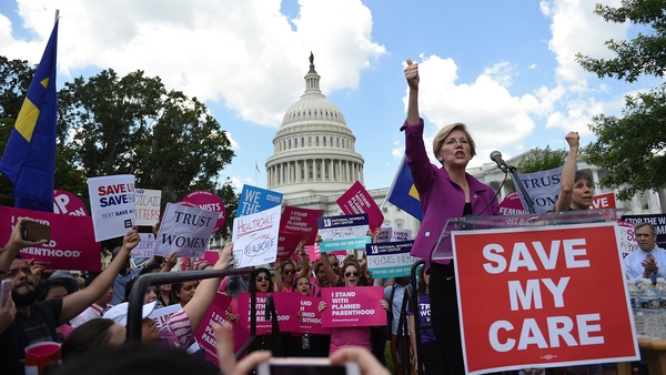 US Democrat Sen. Elizabeth Warren speaks at a rally to oppose the repeal of the Affordable Care Act