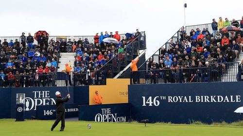 Mark O'Meara of the United States hits the opening shot of the Championship