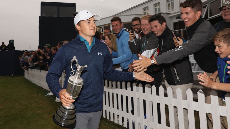 Jordan Spieth with the claret jug behind the 18th green at Royal Birkdale on Sunday