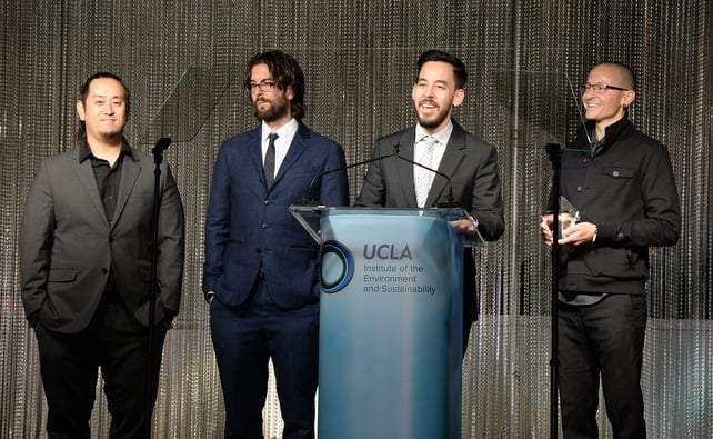 Joe Hahn, Brad Delson, Mike Shinoda, and Chester Bennington attend an Evening of Environmental Excellence presented by The UCLA Institute Of The Environment And Sustainability at Private Residence in
