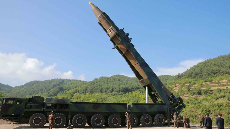 Photo made available by the official North Korean Central News Agency showing ICBM Hwasong-14 being prepared before a test launch on 4 July