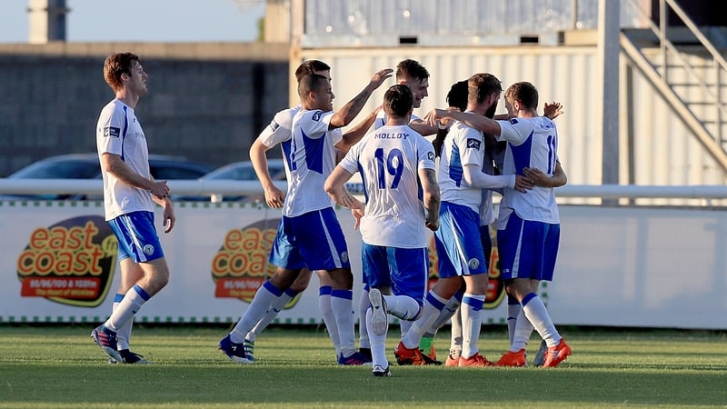 Finn Harps players celebrate scoring their second goal at the Carlisle Grounds