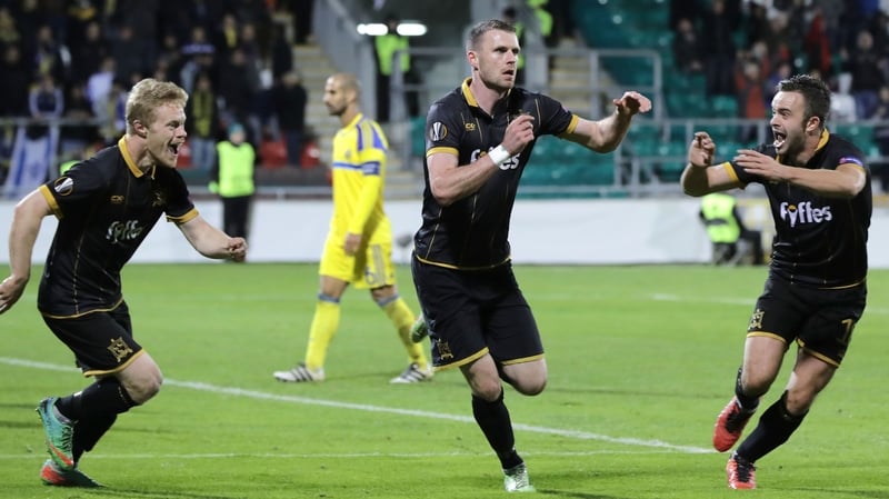 Ciaran Kilduff celebrates his famous goal against Maccabi Tel-Aviv with Robbie Benson and Daryl Horgan