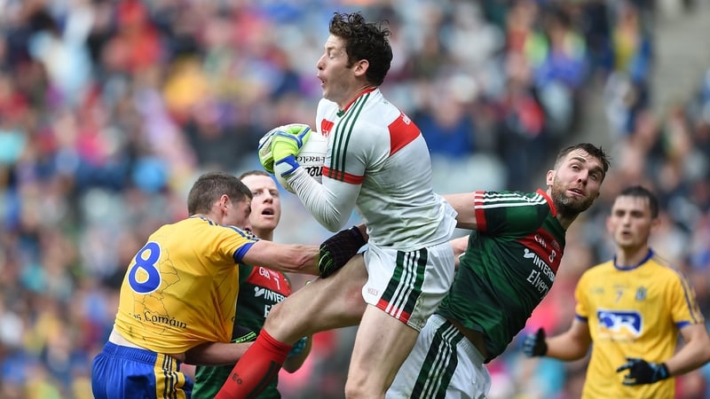 Mayo's David Clarke, Seamus O'Shea and Colm Boyle wth Fintan Cregg of Roscommon.