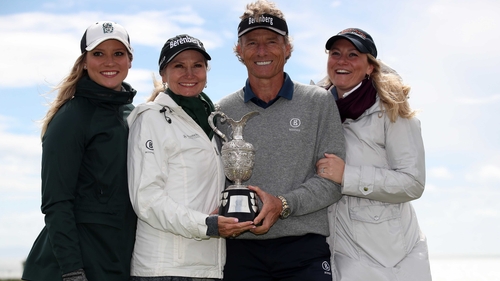 Bernhard Langer celebrates his historic victory with his wife and daughters