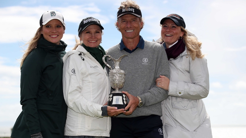 Bernhard Langer celebrates his historic victory with his wife and daughters