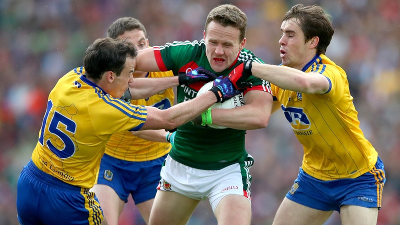 Andy Moran in action against Niall Kilroy, Fintan Cregg and Donal Murray on Sunday