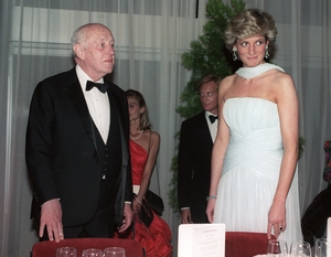 Actor Alec Guinness and Princess Diana at a gala dinner at the 40th Cannes film festival in 1987. Diana wore a stunning Catherine Walker gown.