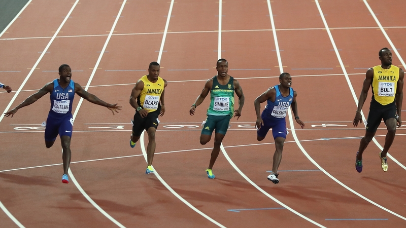 Justin Gatlin (left) stunned Usain Bolt in his final race