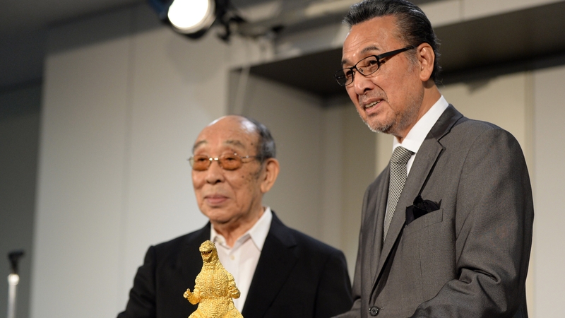 Haruo Nakajima (L) pictured with actor Akira Takarada in 2014