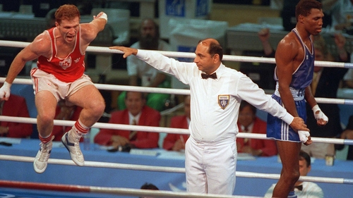 Michael Carruth (L) reacts to winning gold at the 1992 Olympic Games in Barcelona