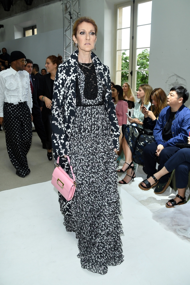 Celine Dion attended the Giambattista Valli Haute Couture show at Paris Fashion Week in 2016 wearing an incredible print dress and pink handbag. She is one glam lady.