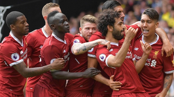 Liverpool celebrate Mo Salah's goal