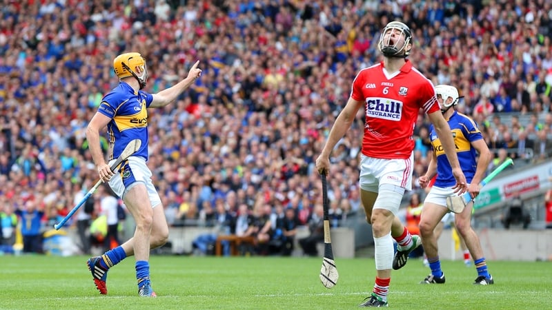 Seamus Callanan celebrating after scoring against Cork in the 2014 All-Ireland semi-final