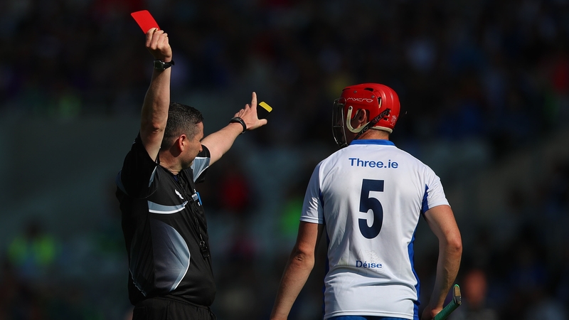 Fergal Horgan showing Tadhg De Burca a red card during Waterford's All-Ireland quarter-final win over Wexford