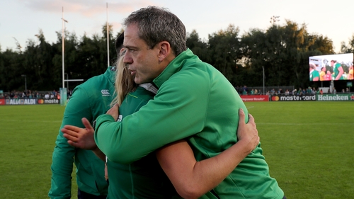 Tom Tierney embraces captain Claire Molloy after Wednesday's win over Australia