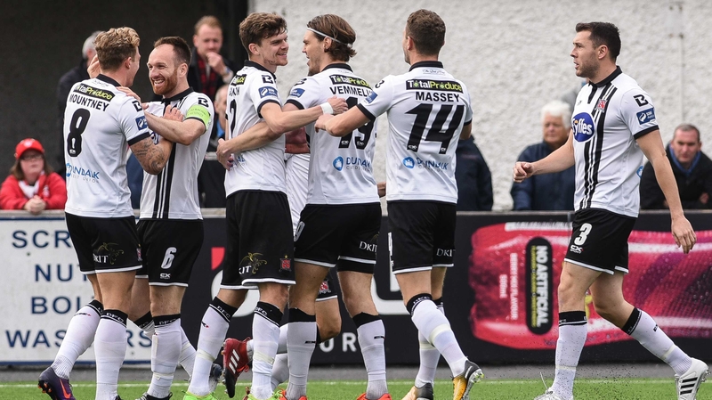 Dundalk players celebrate one of John Mountney's goals