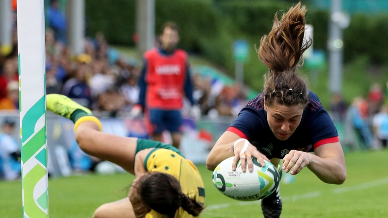 Chloe Pelle dives to score one of France's eight tries against Australia