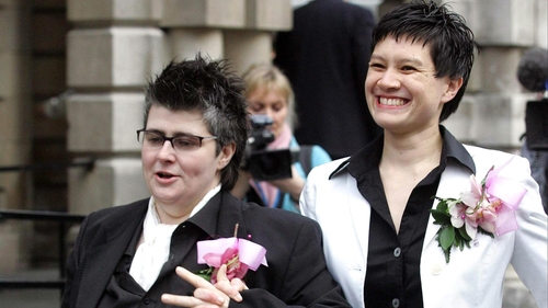 Shannon Sickles (right) and Grainne Close outside Belfast City Hall after their civil partnership ceremony in 2005