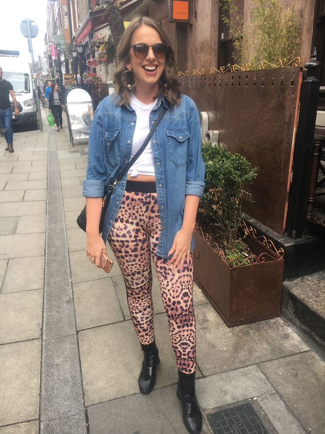Niamh Carey wears a denim shirt from Asos.com over a t-shirt from Zara. Her leggings are from Topshop and her shoes are from Zara. She bought her earrings in H&M and her glasses are Ray-Bans.