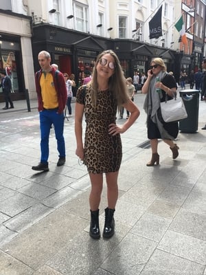 Michelle Whelan wears a leopard print dress from Asos.com, Dr. Martens boots and sunglasses from Sunday Somewhere