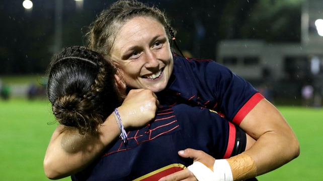 Carla Neisen and Gaelle Mignot of France celebrate a 21-5 victory