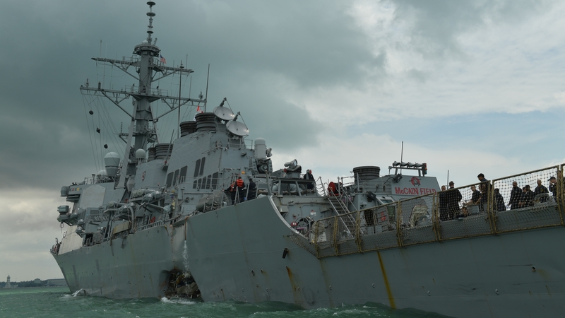 The warship sustained damage after it collided with a merchant vessel