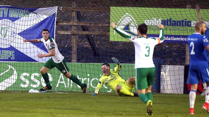 Garry Buckley wheeling away after scoring the only goal at Finn Park this evening
